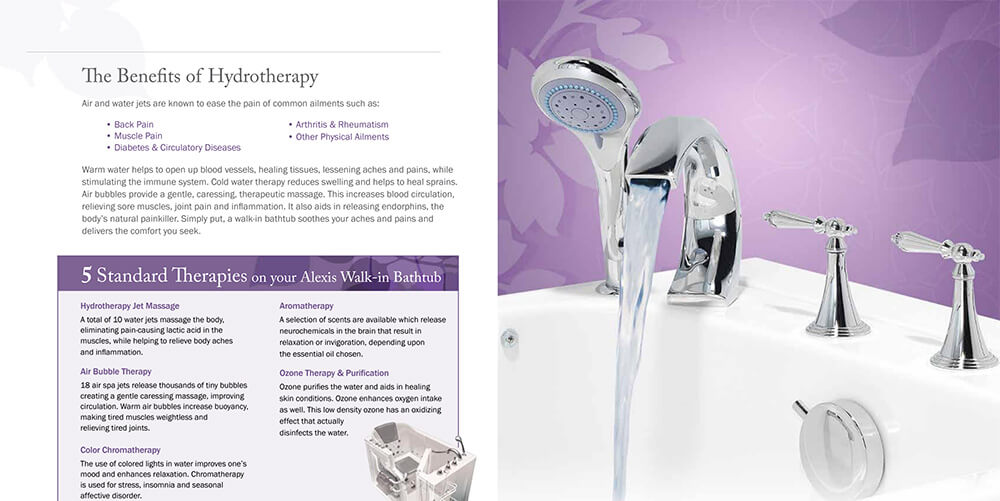 Liquid Accents Alexis walk-in bathtub brochure - hydrotherapy spa tub with ADA-compliant seat, low-entry threshold, and grab bar