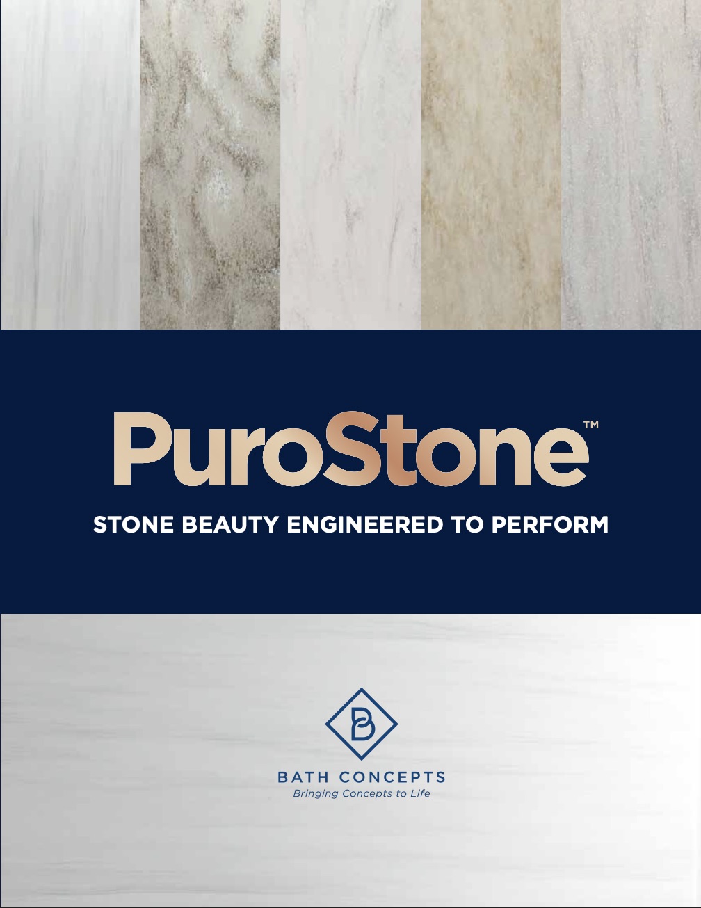 PuroStone shower wall system brochure showing stone-look bath surrounds with non-porous, mold-resistant panels
